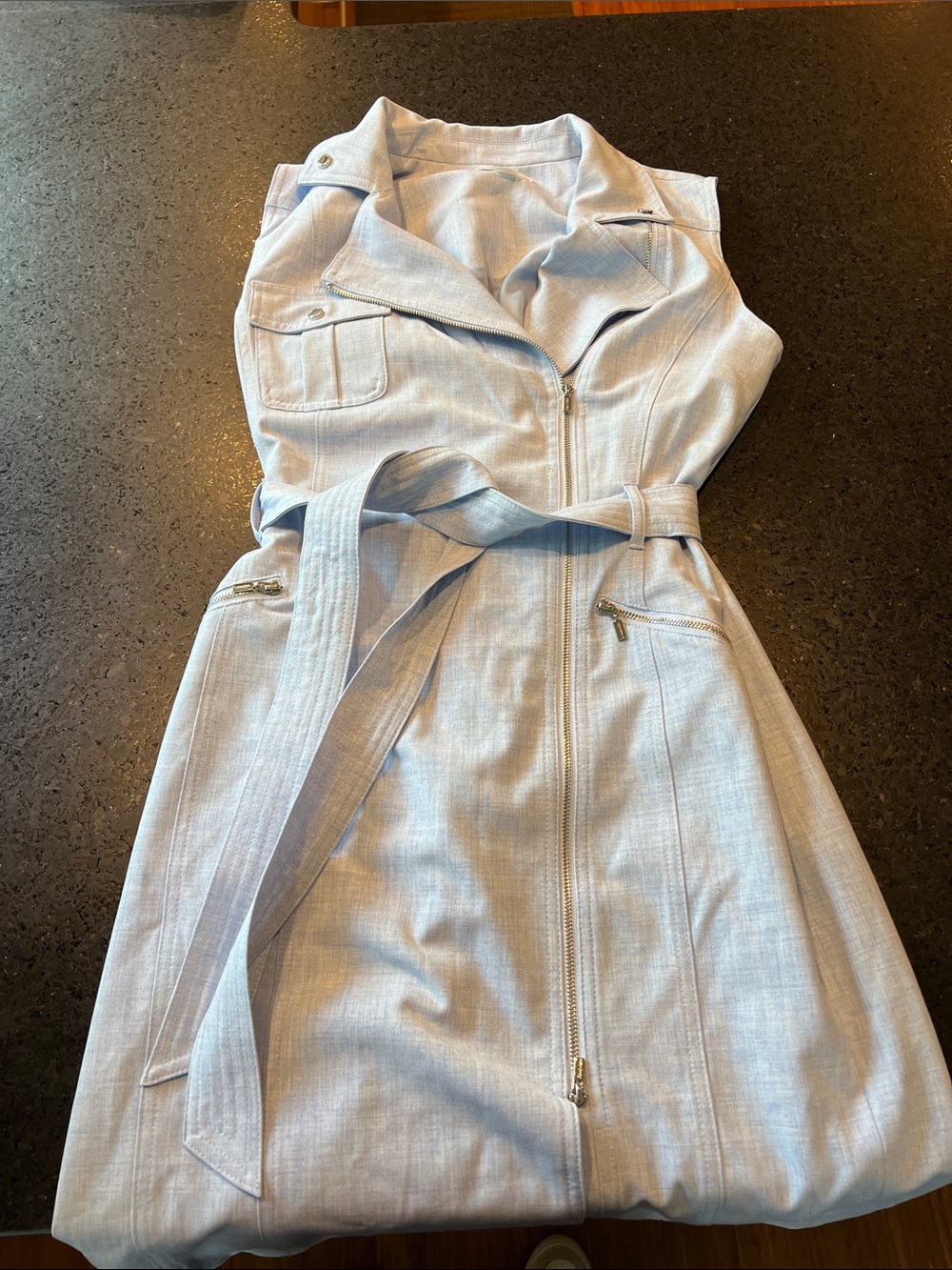 Calvin Klein Light Blue Sleeveless Zip-Front Belted Midi Dress